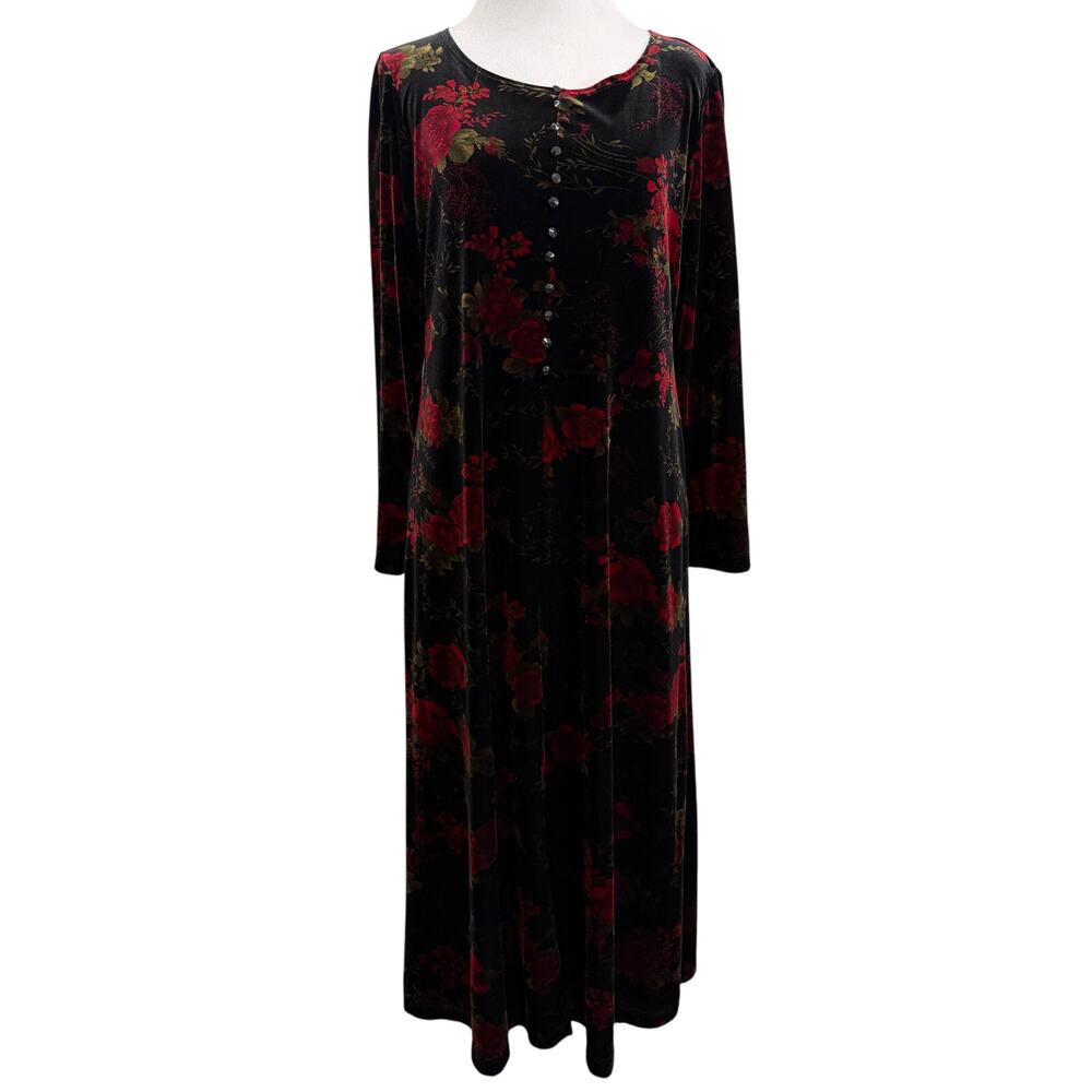 Vintage Whimsygoth Velvet Long Sleeve Maxi Dress 8P Black Rose Fairy Grunge